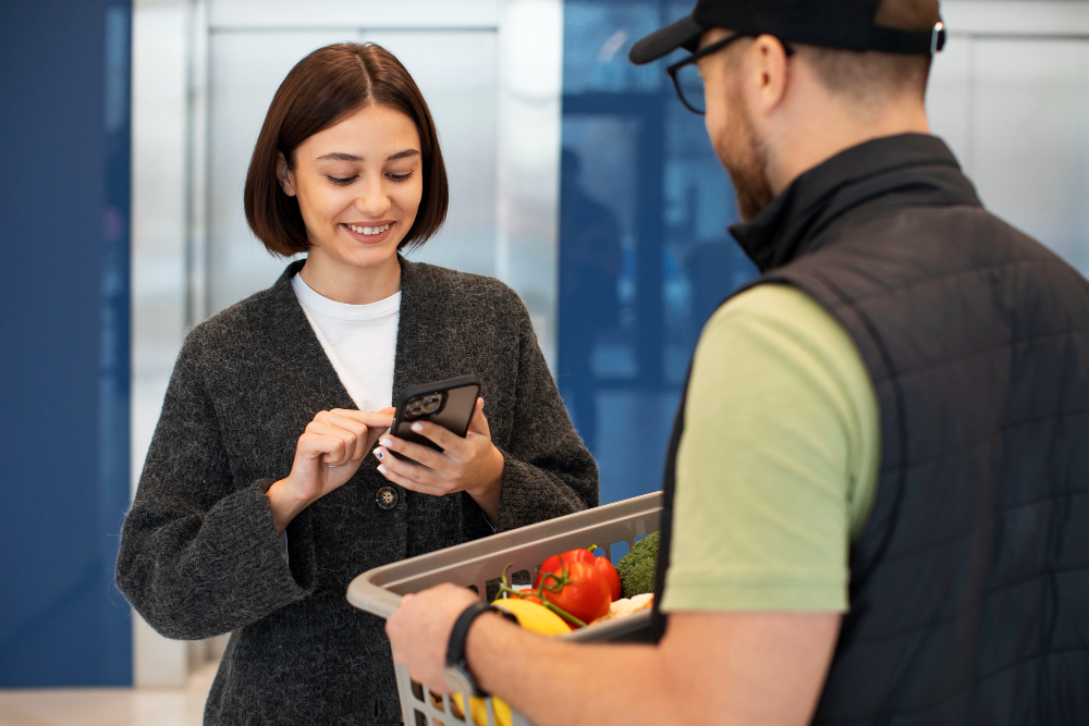 A smiling woman in a gray sweater uses her smartphone while receiving a grocery delivery from a man wearing a black vest and cap