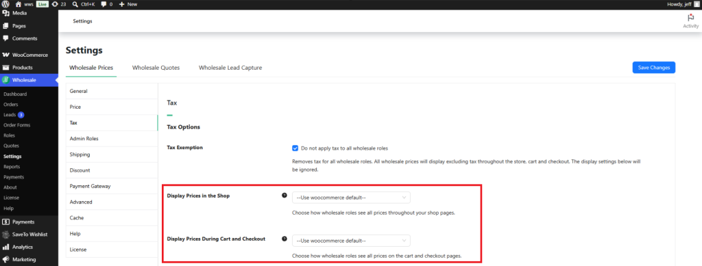 Preise im Dropdown-Menü "Shop" auf "Ohne Steuern" in den WooCommerce Wholesale Prices Premium-Einstellungen anzeigen