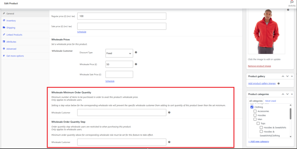 WooCommerce product edit page showing the Wholesale Minimum Order Quantity and Wholesale Order Quantity Step fields for a wholesale role in the pricing section