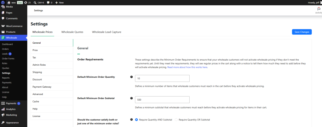 Wholesale Settings General tab showing the Order Requirements section with Default Minimum Order Quantity, Default Minimum Order Subtotal, and the logic radio buttons set to Require Quantity AND Subtotal