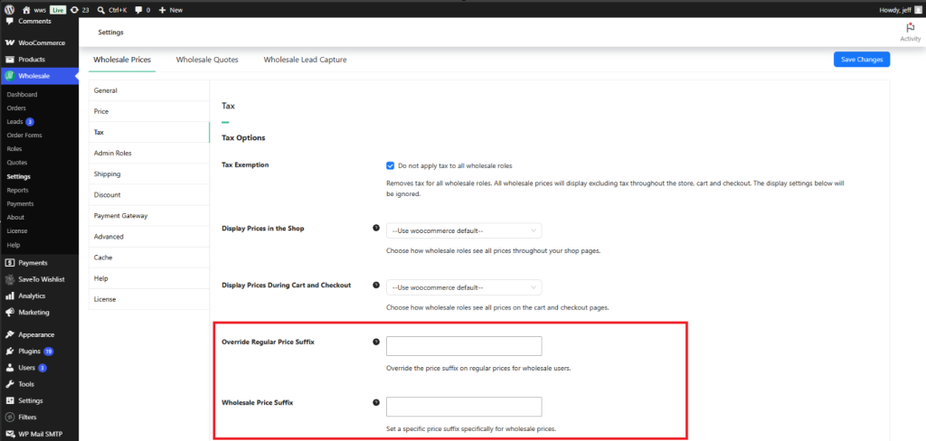 Tax Options section showing the Override Regular Price Suffix and Wholesale Price Suffix fields in WooCommerce Wholesale Prices Premium settings