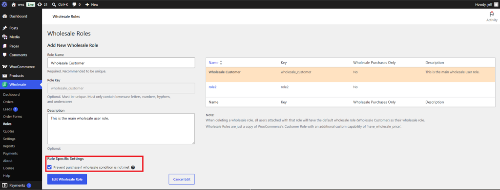 Wholesale Roles admin page with the role edit panel open, showing the Role Specific Settings section and the Prevent purchase if wholesale condition is not met checkbox