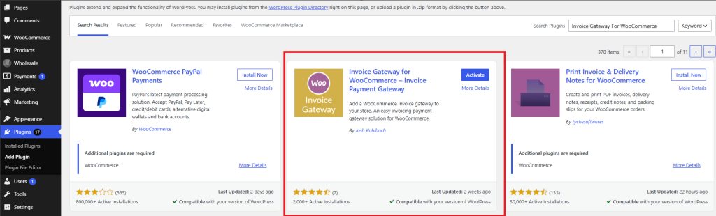 16FE4AB9-E01D-4BFA-9AC3-2C7287D0C768 - Wholesale Suite Suchergebnisse im WordPress-Plugin-Verzeichnis, die das Plugin Rechnungsgateway für WooCommerce mit der Schaltfläche „Jetzt installieren“ anzeigen