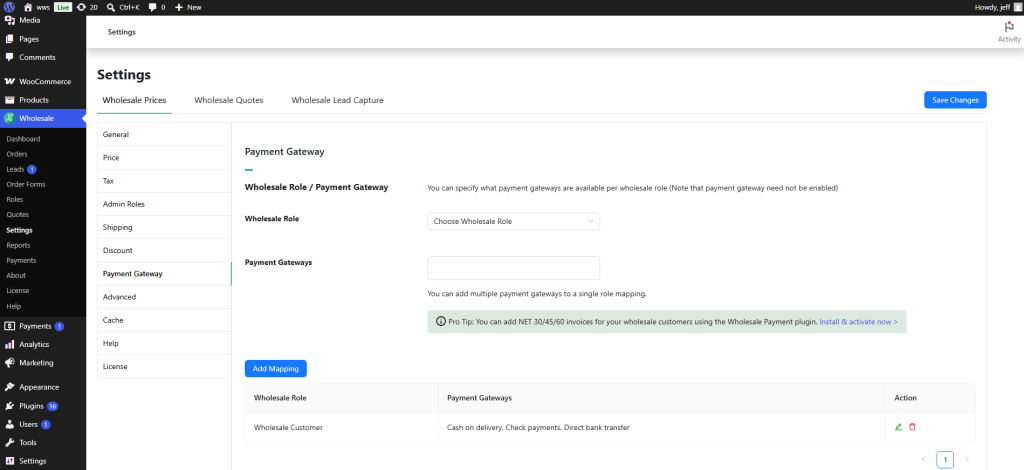 Wholesale Role / Payment Gateway section in WooCommerce Wholesale Prices Premium settings showing a wholesale role mapped to two payment gateways