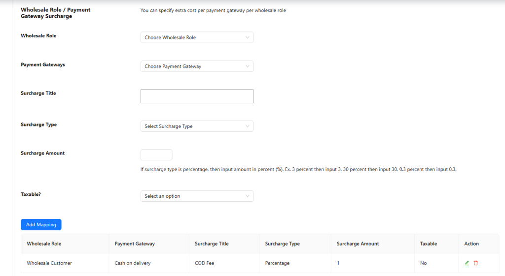 Wholesale Role / Payment Gateway Surcharge form with all fields completed, showing Surcharge Type set to Percentage