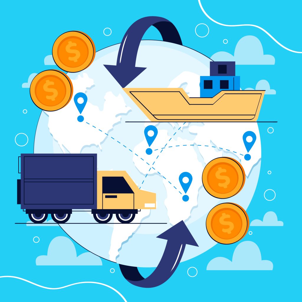 A truck, ship, and coins for global shipping and delivery