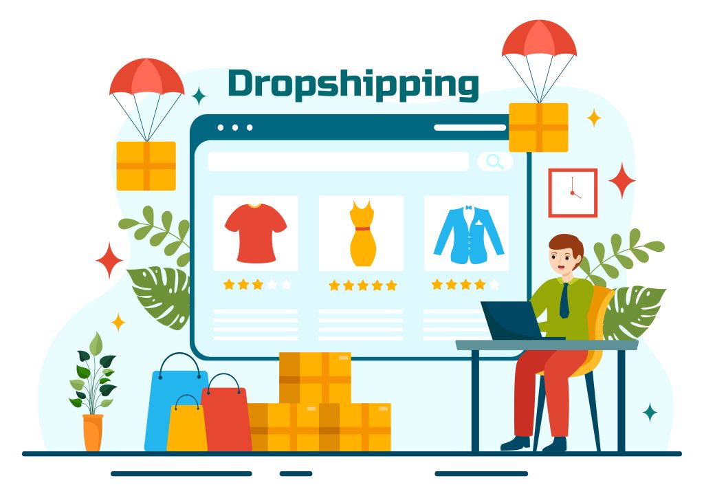 Dropshipping concept with a person working on a laptop, online store interface, and packages being shipped with parachutes