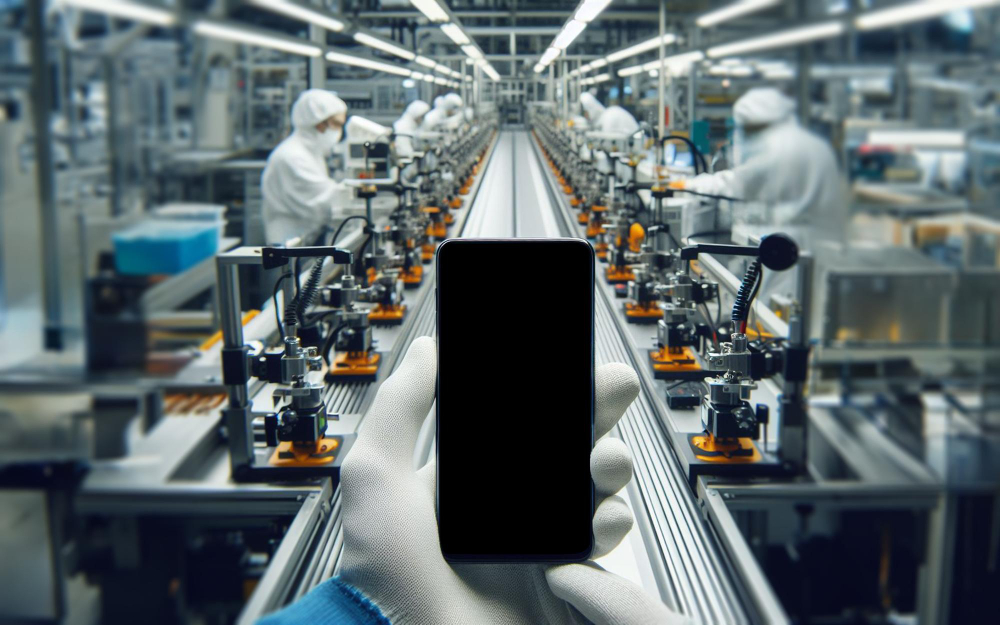 Manufacturing process in a high-tech facility with automated assembly lines for smartphones