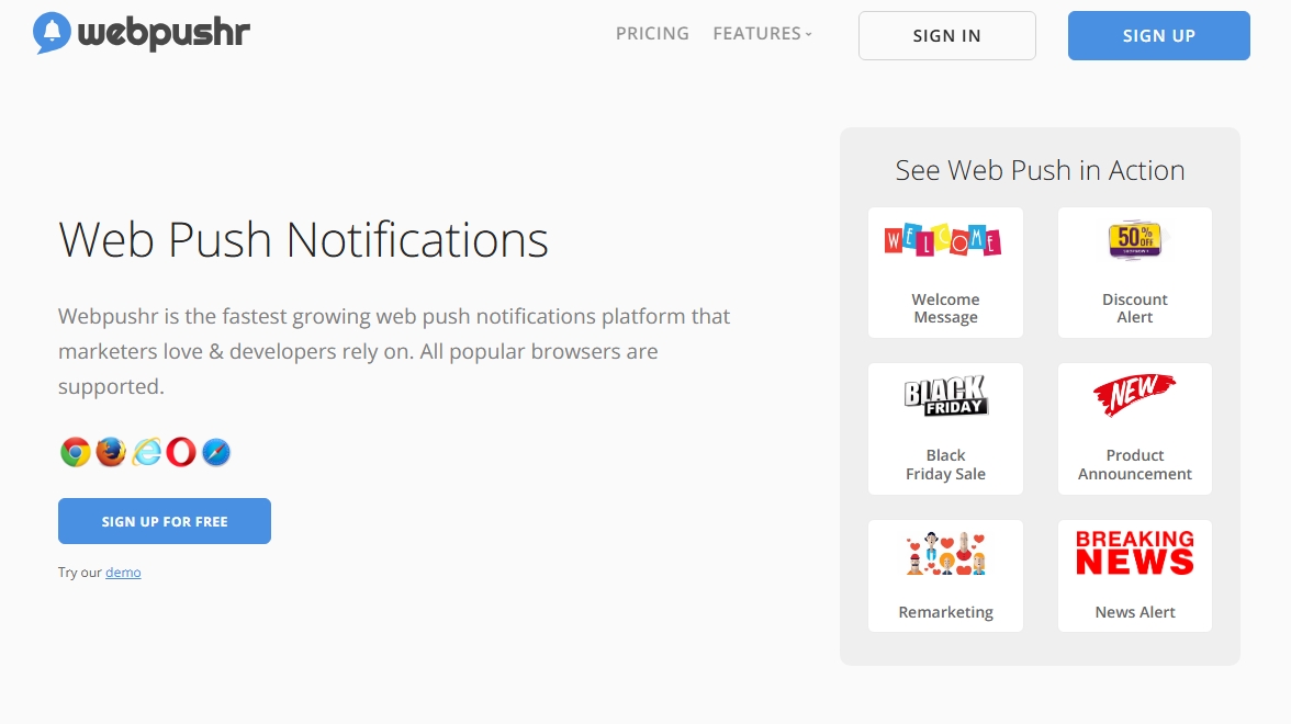 Webpushr website homepage