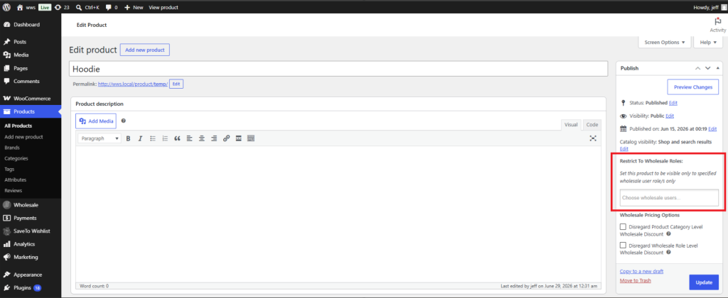 Restrict To Wholesale Roles field in the product edit screen Publish box, set to a wholesale role