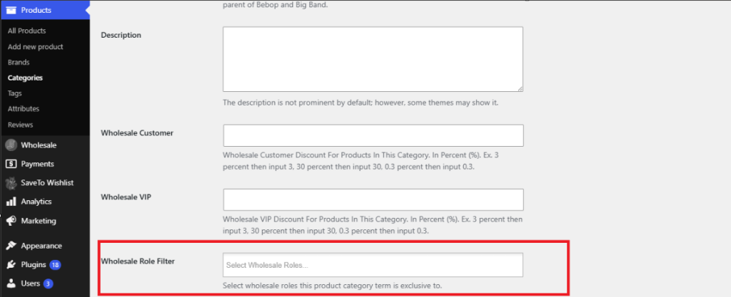 Wholesale Role Filter field on the product category edit screen, set to a wholesale role