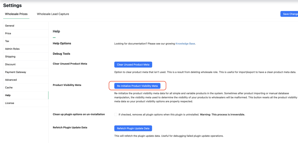 Product Visibility Meta field in the WooCommerce Wholesale Prices Premium Debug Tools section, with the Re-Initialize Product Visibility Meta button