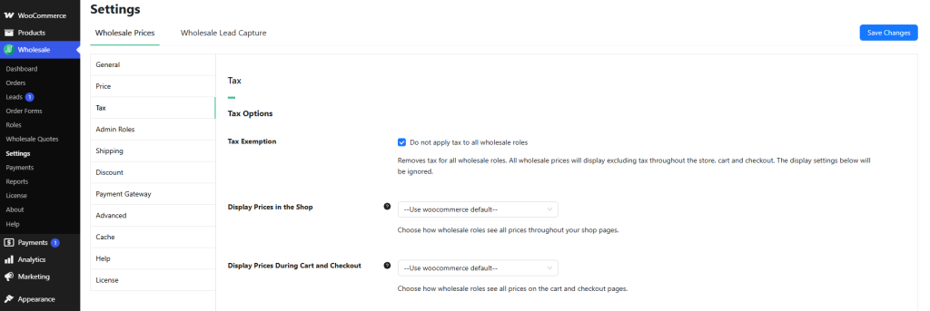 42DC57DF-AF85-4071-AC8A-697B00678416 - Wholesale Suite Abschnitt Steueroptionen in den Wholesale Suite-Einstellungen, der die Checkbox Steuerausnahme mit der Bezeichnung "Keine Steuern auf alle Großhandelsrollen anwenden" zeigt
