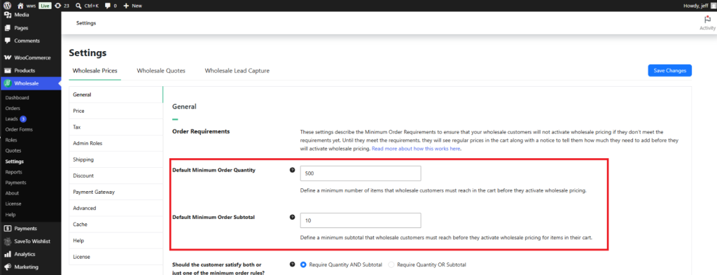 Order Requirements section in Wholesale Prices General settings showing the Default Minimum Order Quantity, Default Minimum Order Subtotal, and minimum order logic radio options