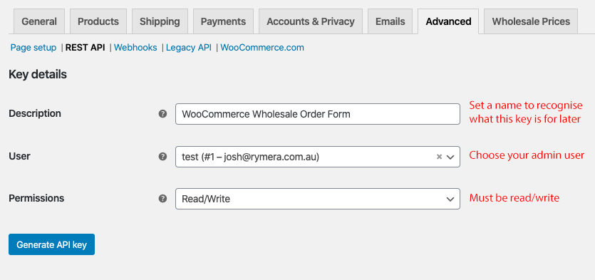 WooCommerce API Keys