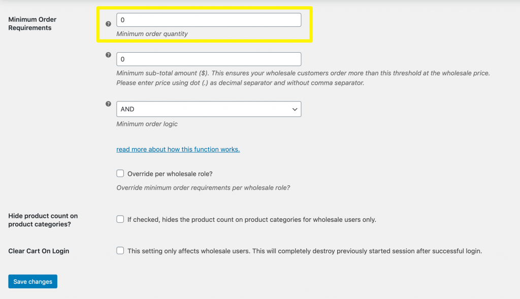 Setting a global wholesale product minimum.