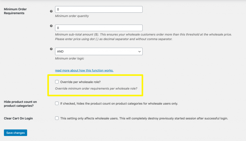 Creating a role-specific wholesale product minimum.