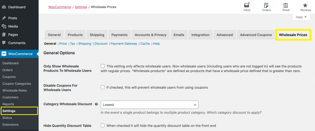 Accessing the Wholesale Prices settings.