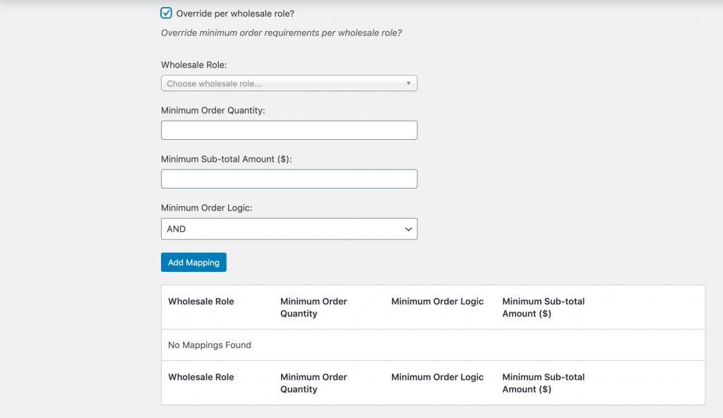 Role-based wholesale product minimum settings.