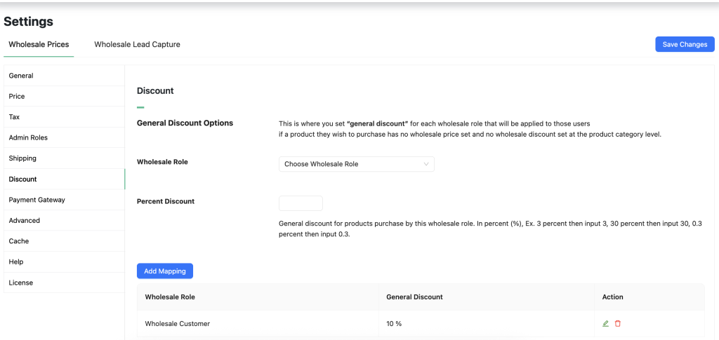 wws-wwpp-discount - Wholesale Suite Wholesale → Settings → Wholesale Prices → Discount page showing a 10% general discount set for the Wholesale Customer role