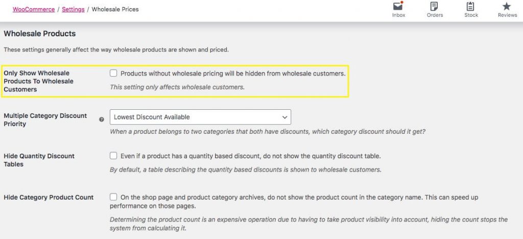 Manage wholesale product visibility by changing global user settings. 