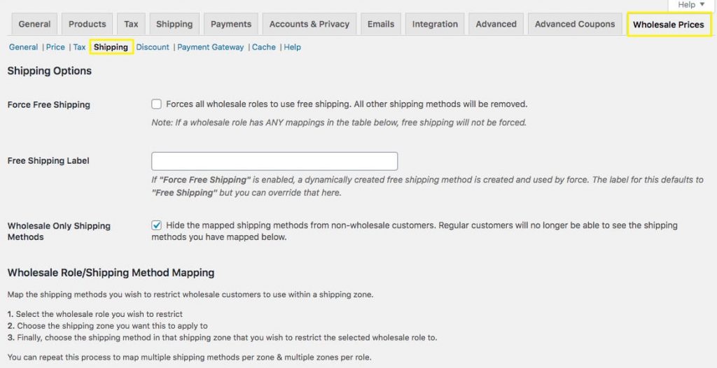 The shipping settings for Wholesale Prices.