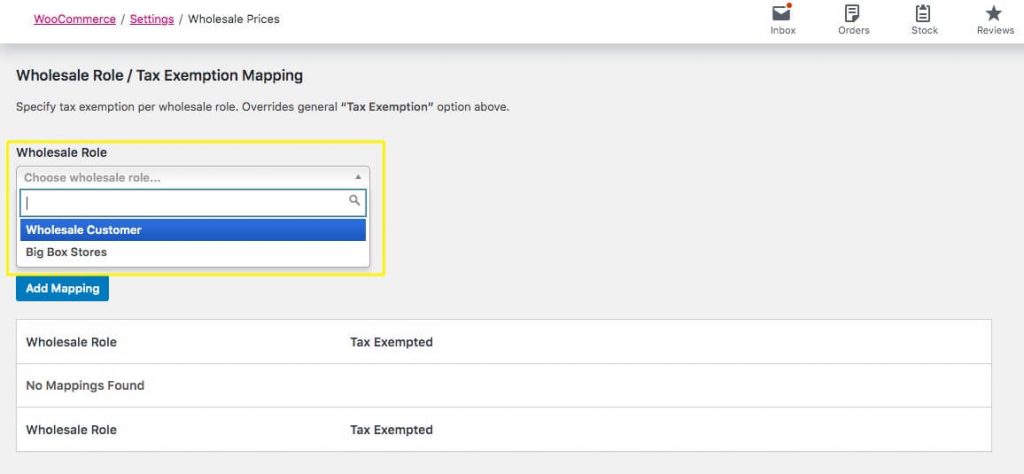 Choosing a Wholesale Role to map tax exemption to in WooCommerce. 