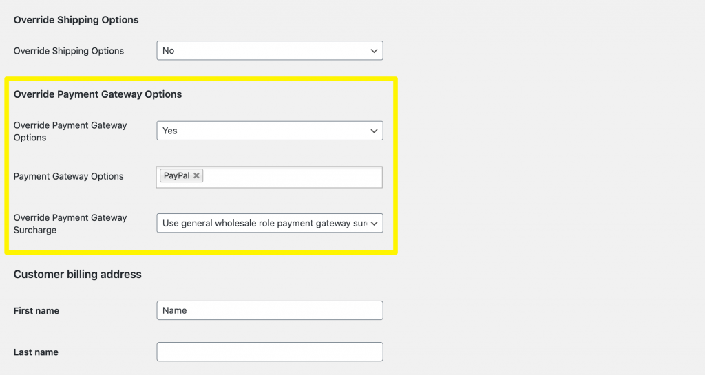 Overriding payment gateway surcharge fees for a specific user.