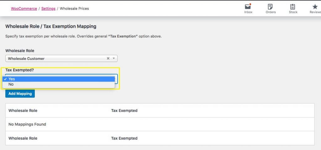 Selecting 'yes' or 'no' to map roles to tax exemption. 