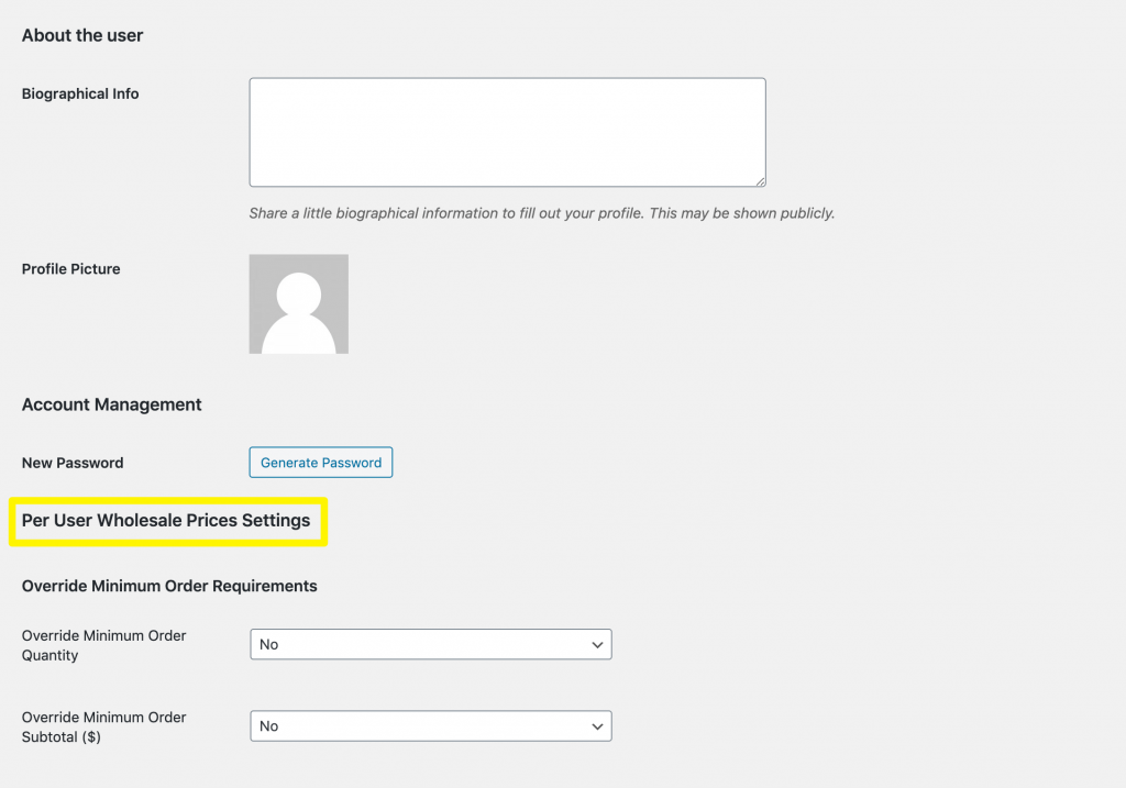 Per user wholesale prices settings.