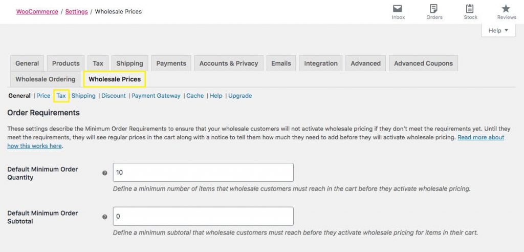 Locating the Wholesale Prices settings in WooCommerce. 