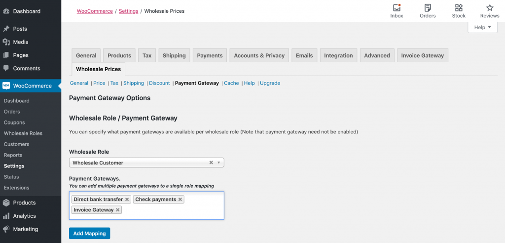 Adding allowed payment gateways for the wholesale customer role.