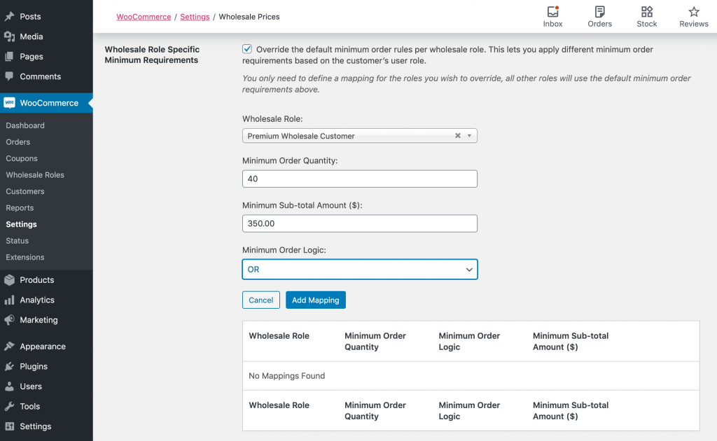 Adding role-specific minimum wholesale requirements.