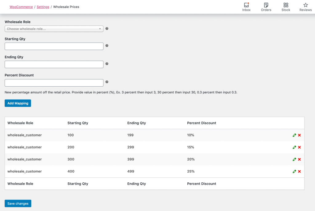 The list of discount quantity ranges in WooCommerce Wholesale Prices Premium's settings.