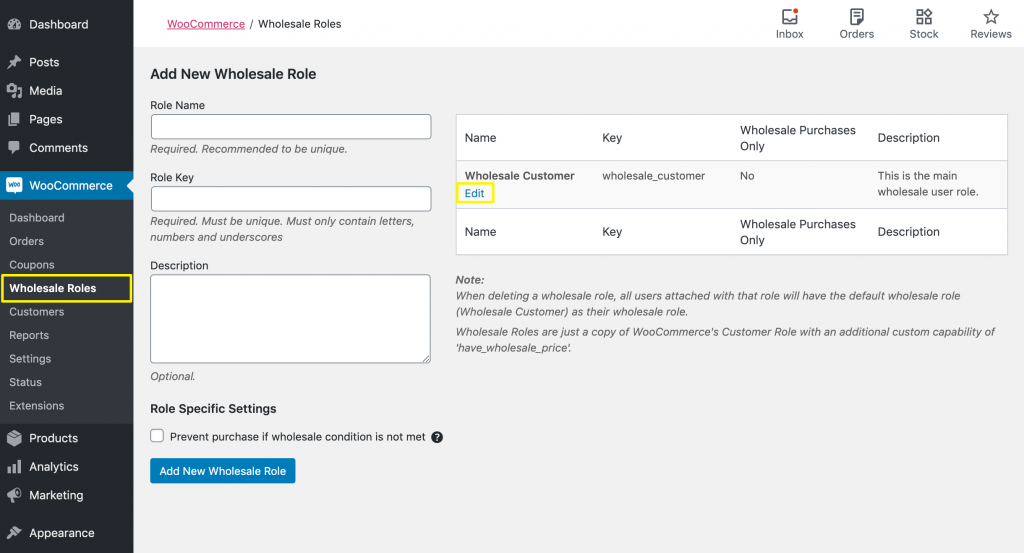 Editing a wholesale user role.