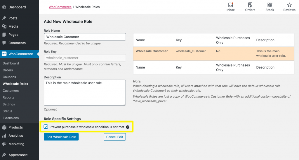 Turning on the 'prevent purchase if wholesale condition is not met' setting to stop customers from ordering until they reach a certain subtotal.