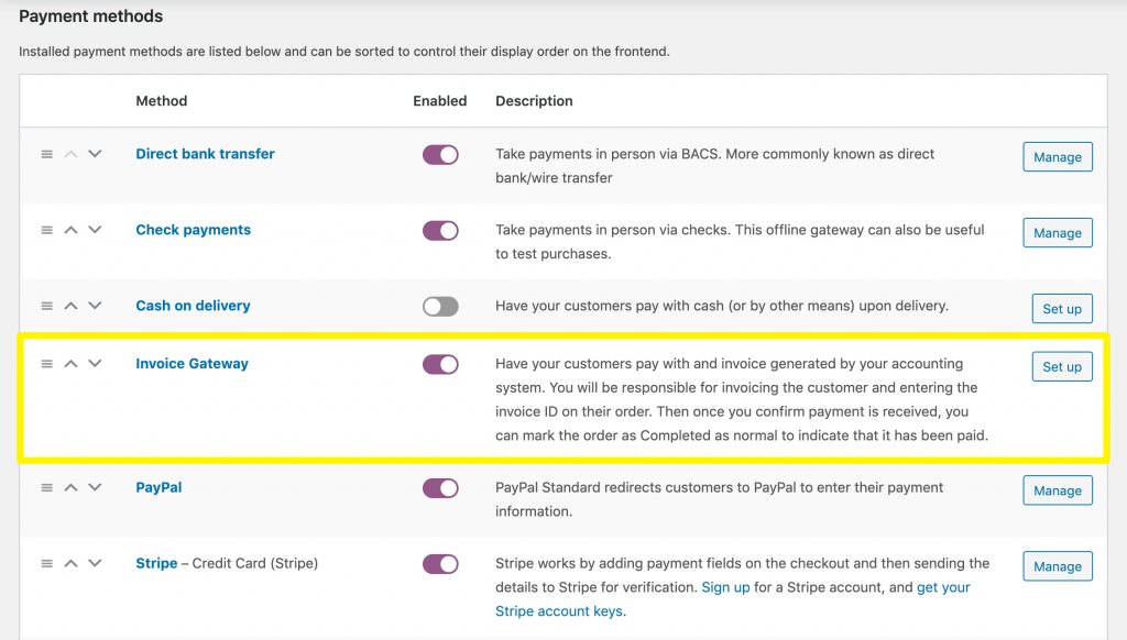 Turning on the WooCommerce Invoice Solution payment gateway.