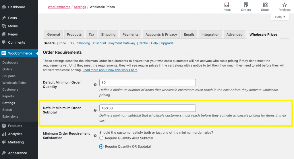 Adding a minimum wholesale order subtotal.