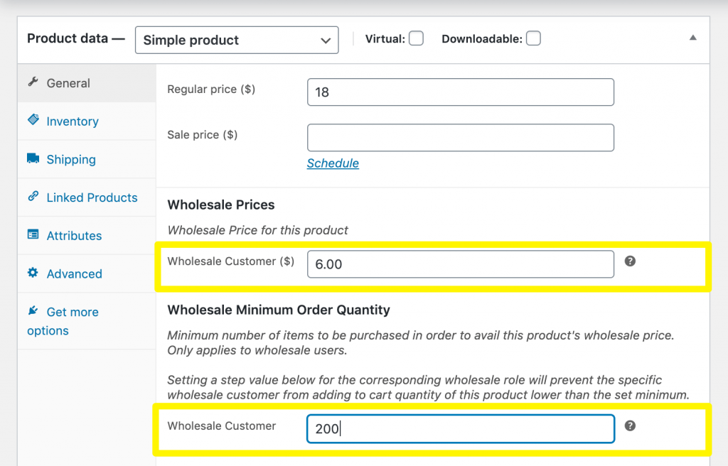 Setting the product's minimum order quantity.