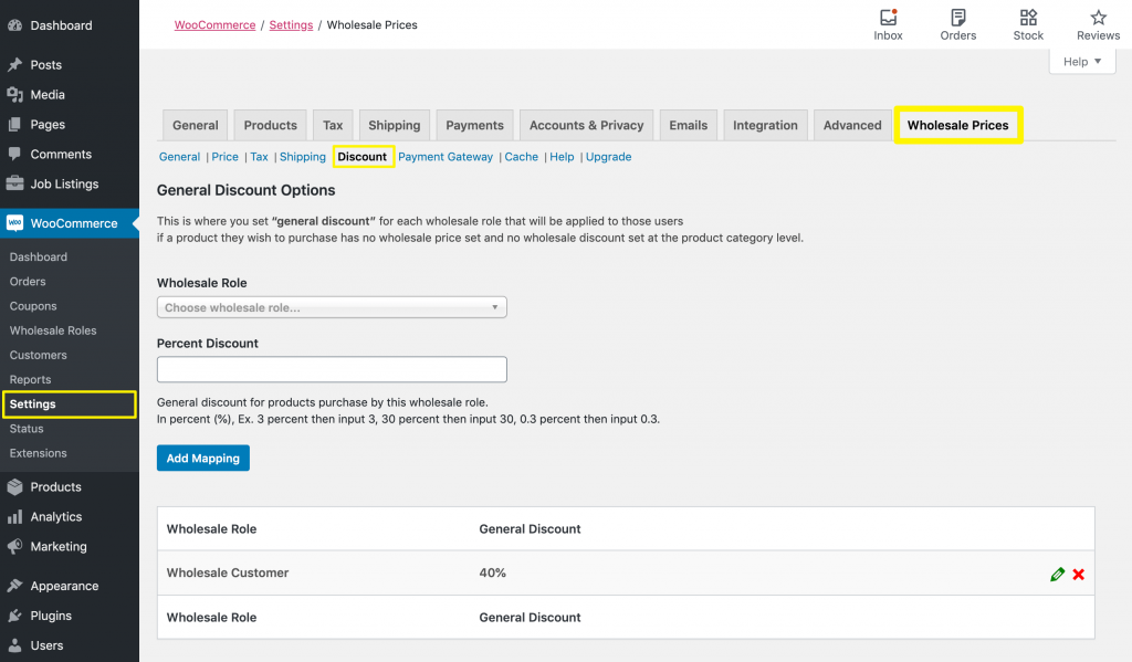 Accessing the discount settings for WooCommerce Wholesale Prices Premium.