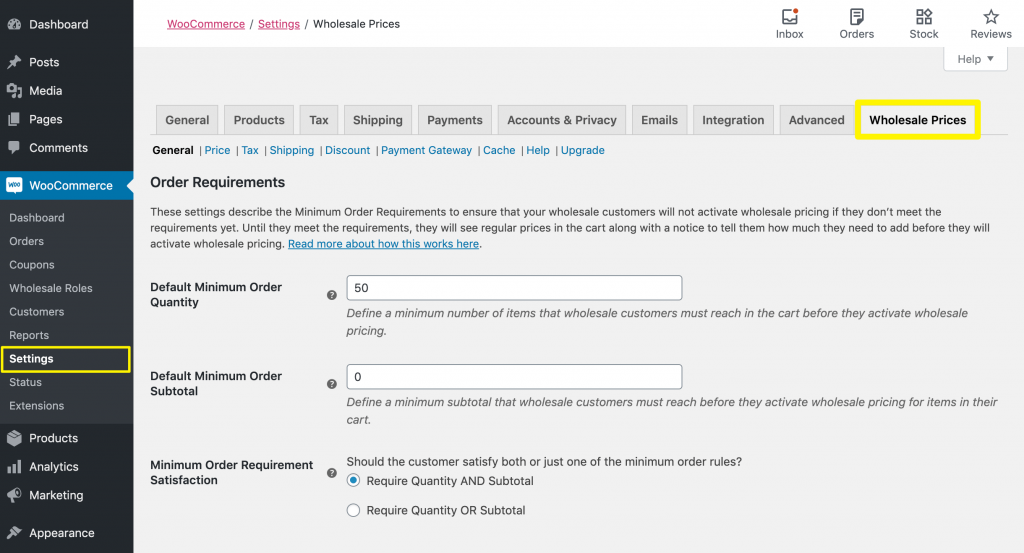 You can stop customers from ordering until they reach a certain subtotal  by accessing the Wholesale Prices settings first.