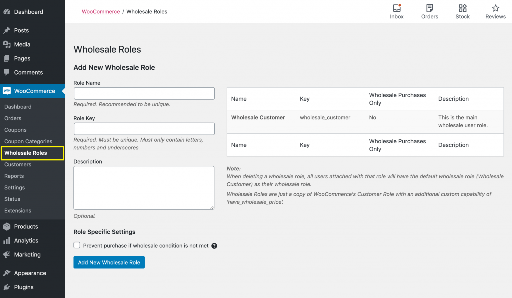 Configuring wholesale user roles.