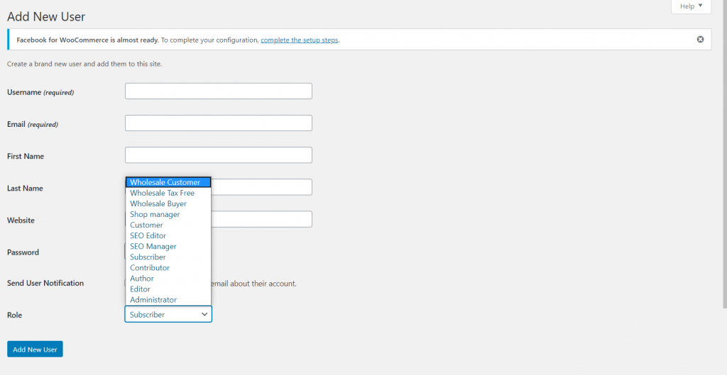 Changing a user's role to wholesale customer.