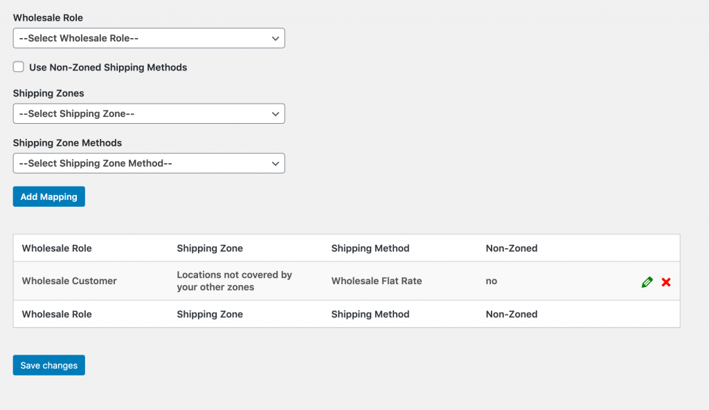 A wholesale shipping method mapping.