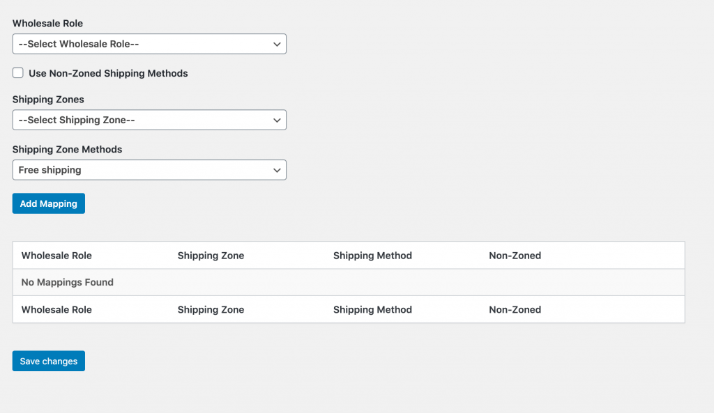 The wholesale shipping method mapping settings.