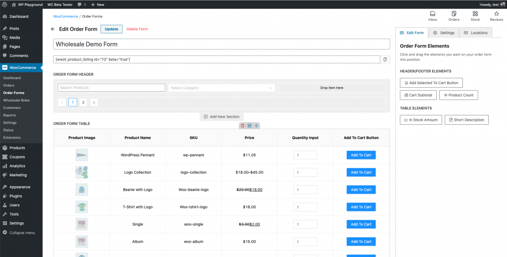 Drag and drop elements into your order form