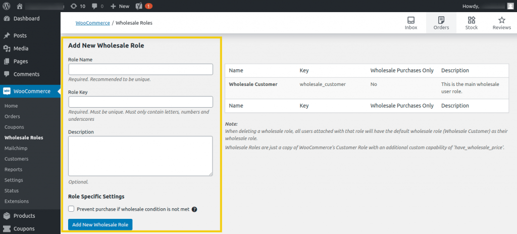 Adding a new wholesale role in WooCommerce.