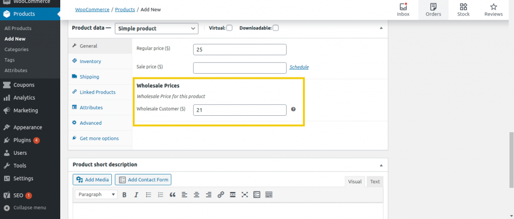 The WordPress back end showing how to enter the wholesale price of a WooCommerce product.