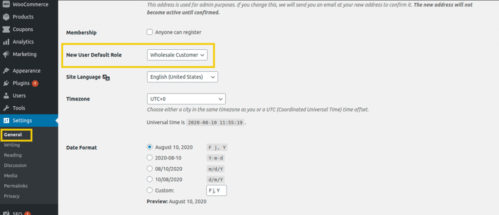 Setting the default role of new accounts to Wholesale Customer.