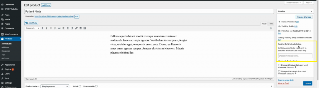 Restricting a product to wholesale customers only via the Product editor.